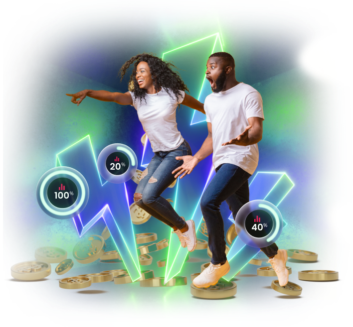 Two individuals joyfully leaping on a green backdrop adorned with coins, symbolizing exclusive bonuses in the forex market.