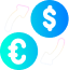 Icon of a currency converter tool, featuring two arrows pointing in opposite directions with various currency symbols in the background.