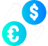 Icon of a currency converter tool, featuring two arrows pointing in opposite directions with various currency symbols in the background.