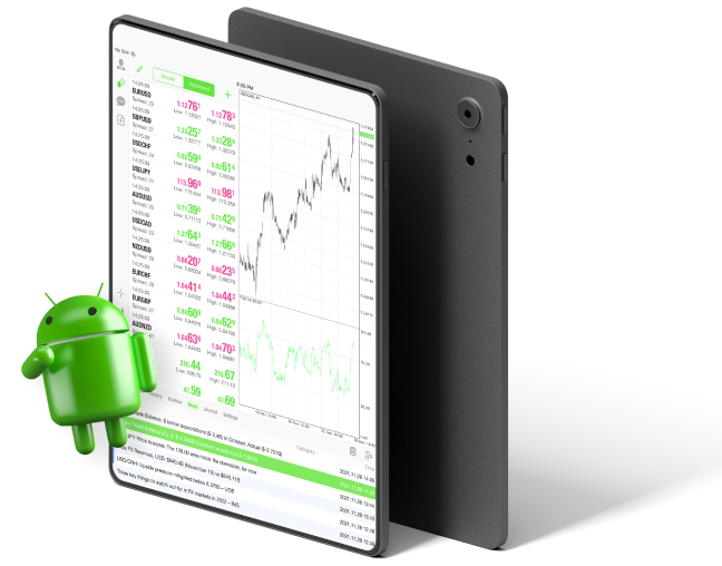 An image of an Android trading app displaying real-time stock market data and allowing users to buy and sell stocks.