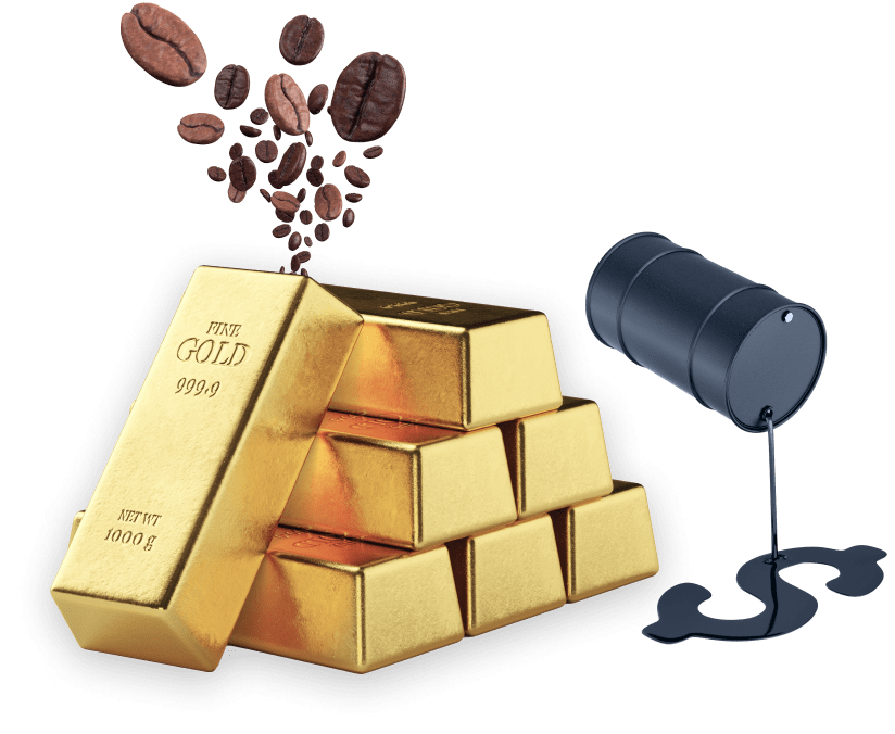 Gold bars and coffee beans, with cocoa bins and oil, symbolizing transformation into dollar sign.