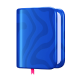 A blue notebook with a pink ribbon on it, placed on top of a blue catalog.