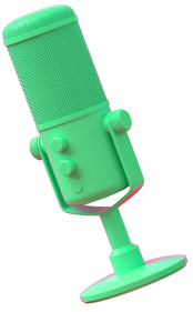 A green microphone on a stand, ready for use in a performance or recording.