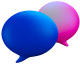 A pink and a blue speech bubbles floating against a black background
