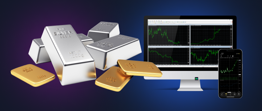 A laptop surrounded by both gold and silver bars, symbolizing the management of precious metals through technology.