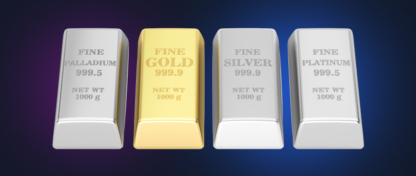 Bars representing the various metals available for trading in the commodities market.