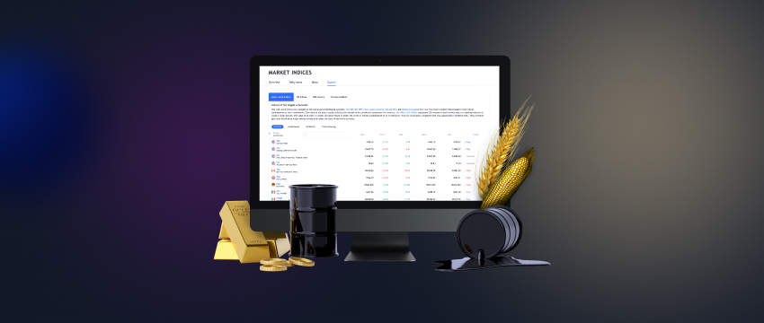 A laptop displaying oil barrels, gold bars, and corn, representing the online trading of diverse commodities.