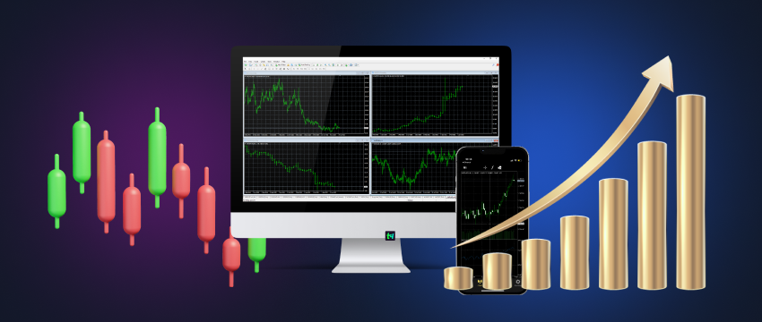 A laptop and a mobile device displaying forex data with charts surrounding them, representing the analysis of indices.