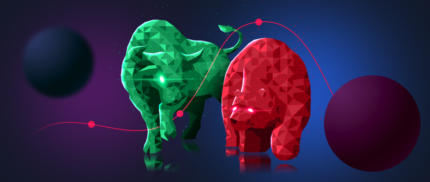 Illustrate the world of Forex trading with icons representing the bull and bear markets, emblematic of the best Forex traders.