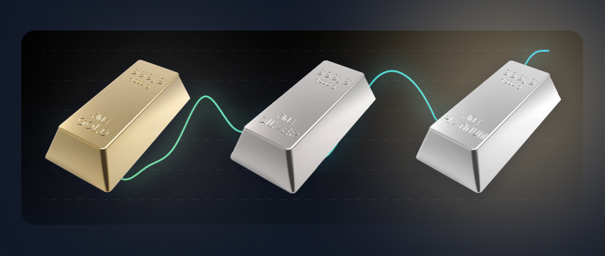 Three distinct metal bars interconnected, representing the diversity within the world of precious metals