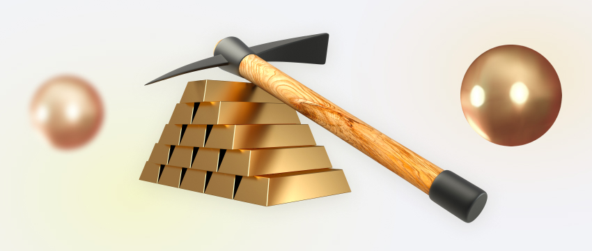 Gold bars and a pickaxe, representing the extraction and trade of precious metals.