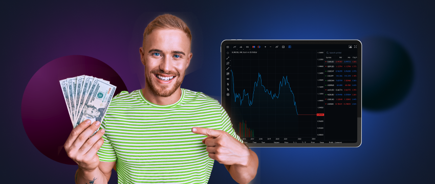 A Forex trader confidently holding money, backed by a screen displaying crucial trading data.
