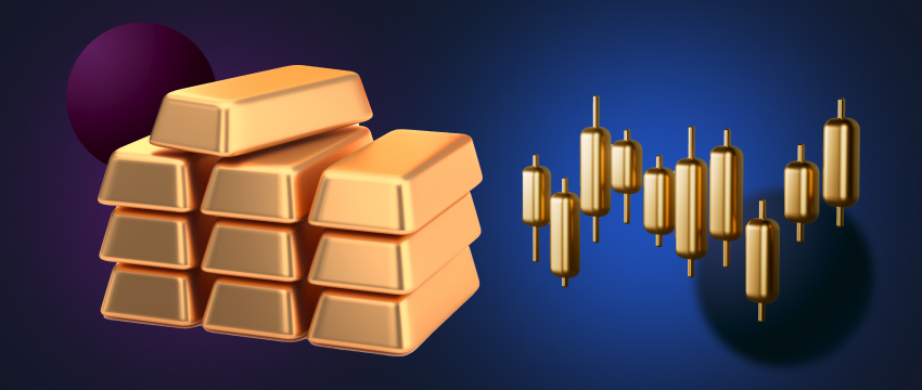 Gold bars complemented by candlestick charts, depicting the dynamics of the gold market.