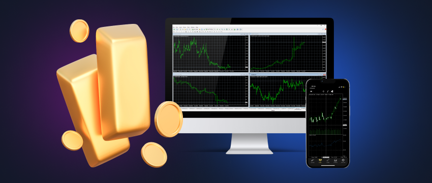 A PC displaying MT4 data with gold bars arranged around it, symbolizing the fusion of technology and gold trading.