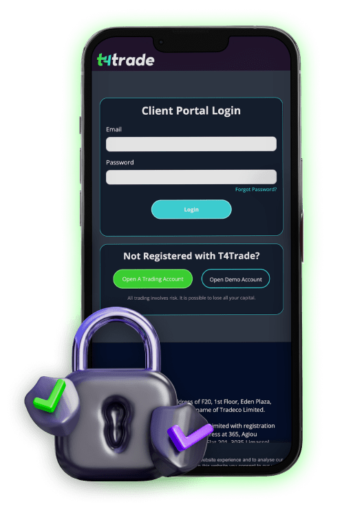 A mobile screen displaying a client portal login with a locker in front of it.