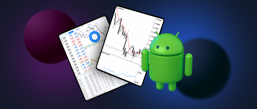 A mobile device displaying MT4 platform data, accompanied by the Android logo for trading on the go
