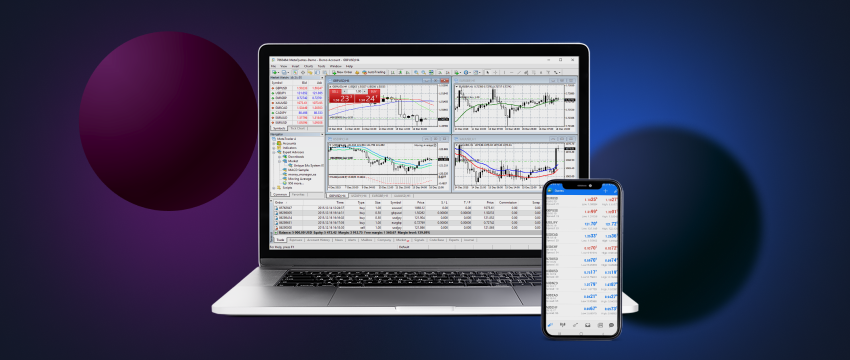 A Mac computer and a mobile phone simultaneously displaying real-time data from the MT4 trading platform.