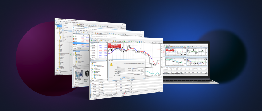 A powerful laptop with multiple monitors, all displaying live forex data using the MT4 trading platform