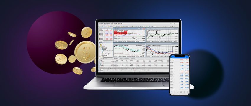 Laptop and phone with chart on screen, showing the Colmex Pro Metatrader 4 trading platform