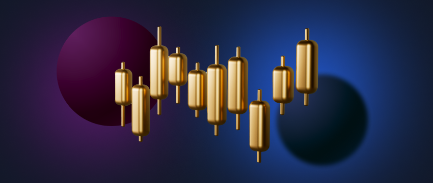 A 3D illustration of a group of gold candlesticks on a blue background