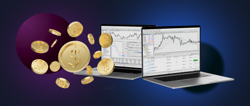 Two laptops side by side, presenting forex data, with gleaming gold coins placed nearby.