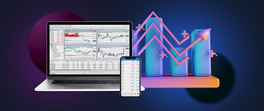 A laptop and a mobile displaying data and charts in the background, showcasing the versatility of trading shares.
