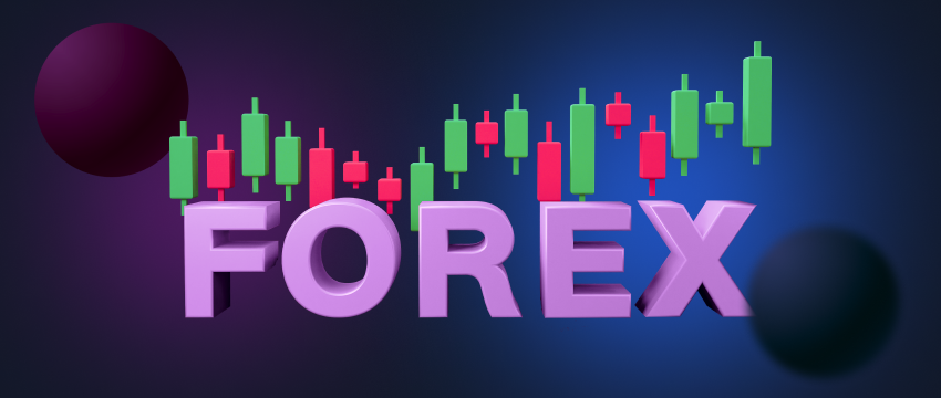 Purple word "Forex" on blue background with green and red candlestick chart, showing recent price movements of a currency pair