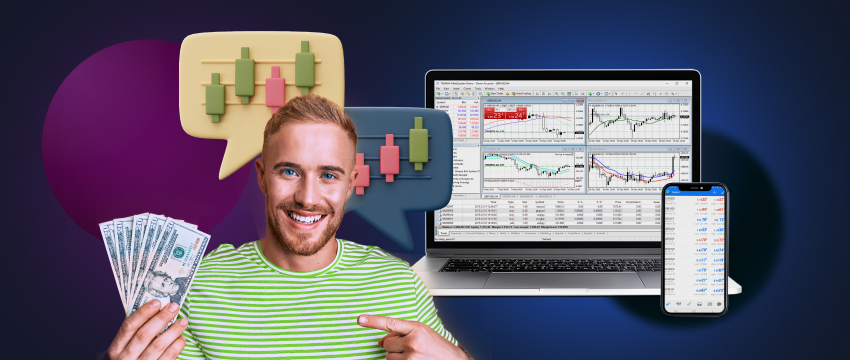 A trader holding a stack of money, with a laptop and mobile devices behind, displaying real-time forex data.