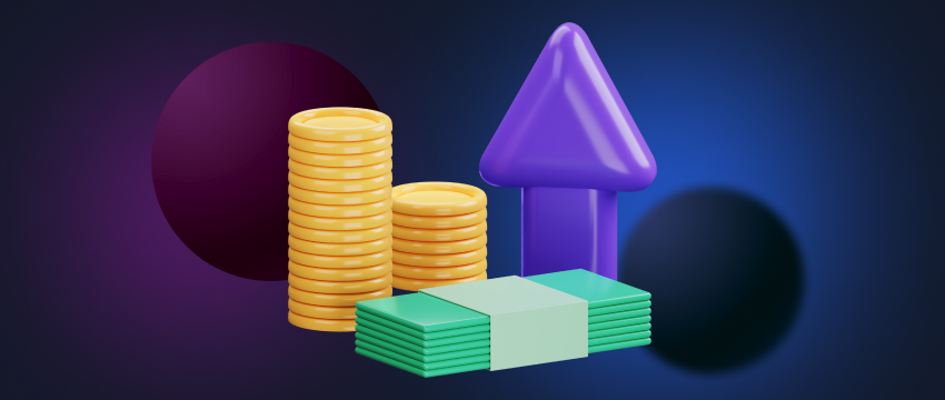 An upward-pointing arrow, coins, and cash beneath it, highlighting the difference between trading and investing.