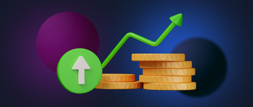 An upward arrow with a stack of coins beneath it, illustrating the contrast between trading and investing.