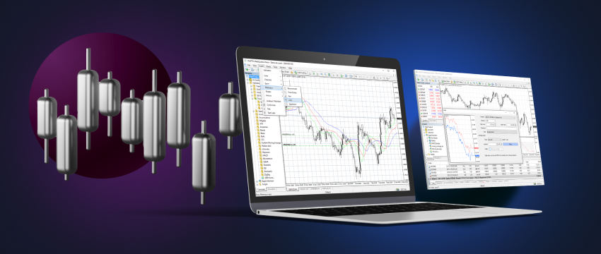 A laptop with dual screens displaying forex data, candlestick charts, and essential technical indicators for comprehensive analysis.