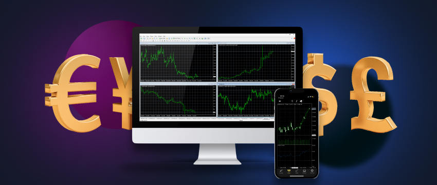 A PC and a mobile device both equipped with real-time forex data and essential technical indicators for comprehensive analysis.