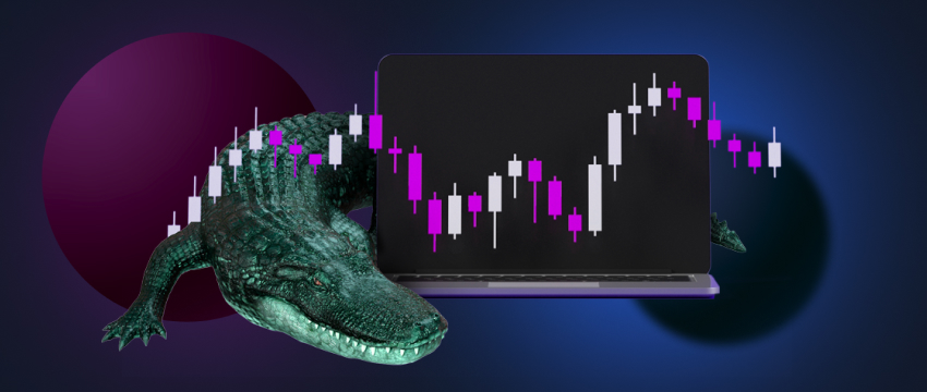 A crocodile lurking behind a laptop displaying candlestick charts and technical indicators.