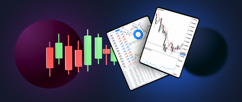 Two tablets featuring real-time forex data and candlestick charts with essential technical indicators for analysis.