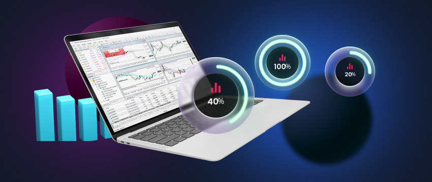 A laptop displaying real-time forex data with charts in the background and essential technical indicators for analysis.