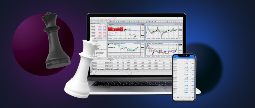 A laptop and a mobile device displaying forex data, accompanied by two chess pieces.