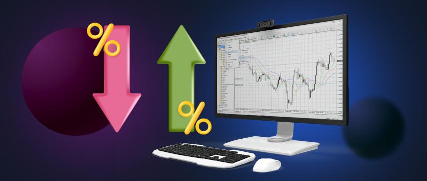 A monitor depicting weekend trading in forex, featuring two arrows pointing in opposite directions.