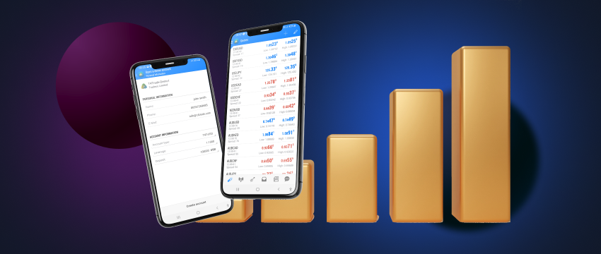 Two mobile devices presenting weekend trading forex data, with a chart backdrop