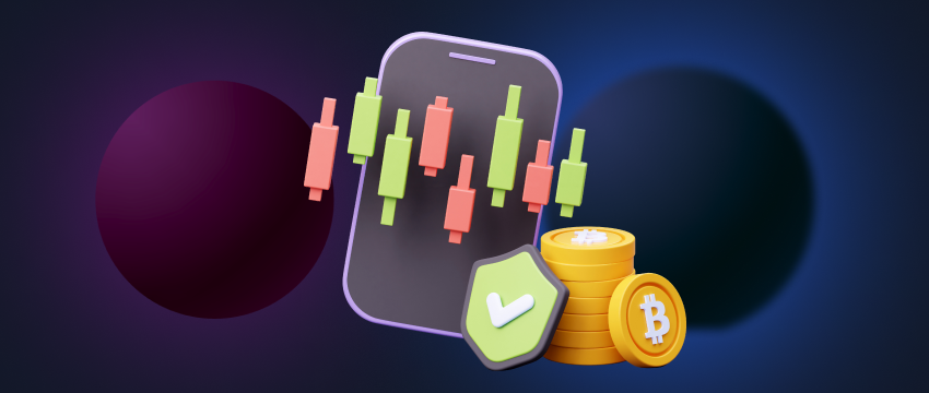 A mobile device featuring candlestick charts and Bitcoin symbols, representing digital currencies