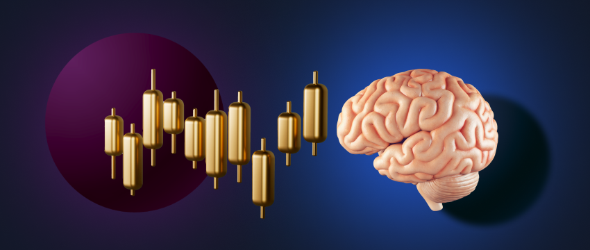 A brain, charts, and the spectrum of emotions involved in the trading process.