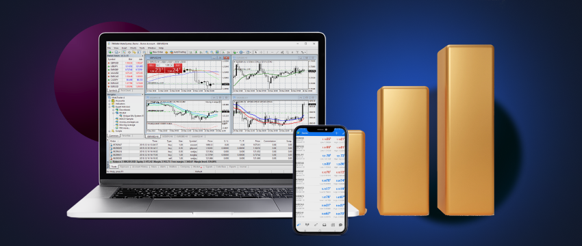 A mobile and a phone displaying data, with gold bars in the background, representing the relationship between equities and precious metals.