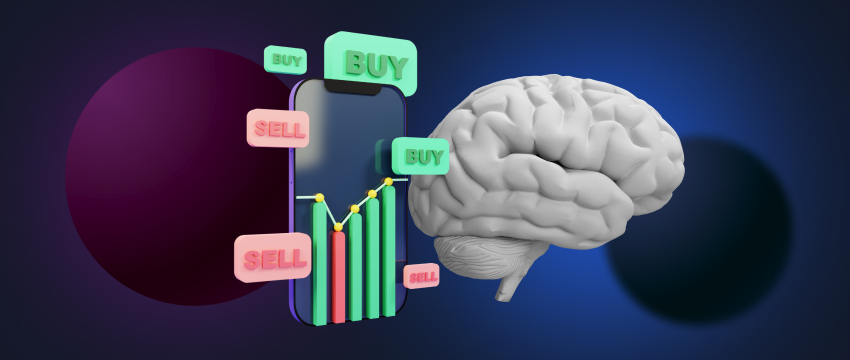 A highly analytical brain surrounded by a complex trading chart, exemplifying the multifaceted nature of trading psychology."