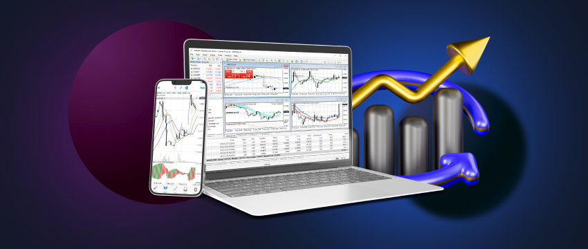 A laptop and phone with a chart on screen, showing the MetaTrader 4 trading platform