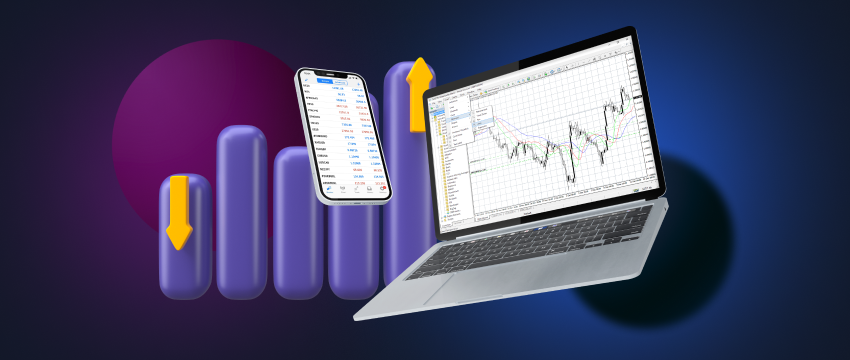 Laptop and phone with chart on screen, showing real-time forex trading data and prices