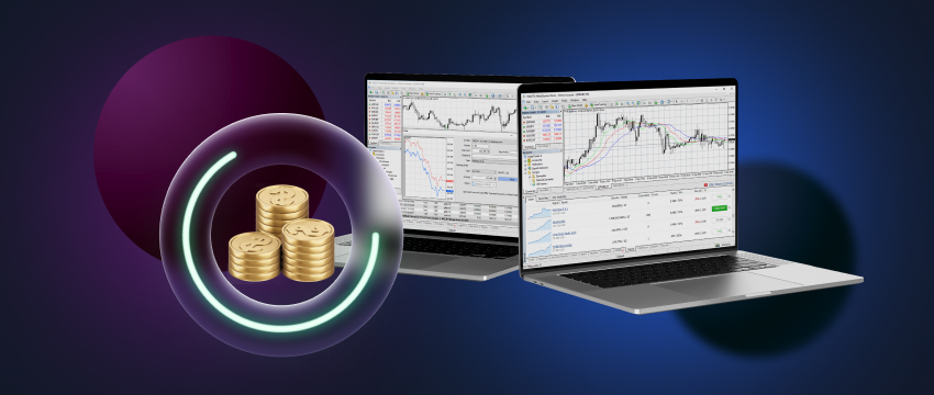 Two laptops featuring MT4 and a symbolic arrangement of coins, signifying a robust trading plan.