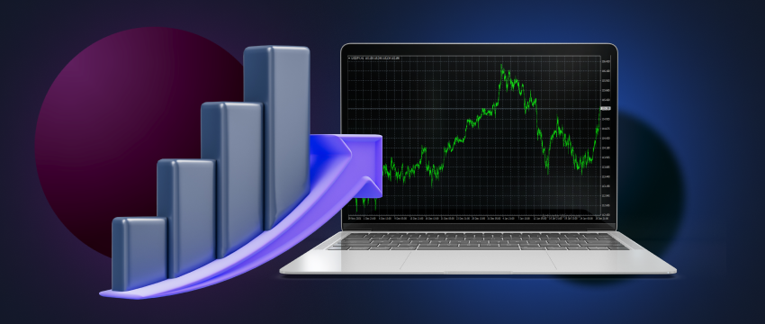 A laptop displaying forex data beside a chart with an upward-pointing arrow, representing ambitious trading goals.