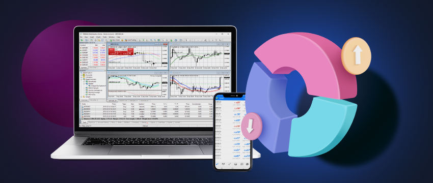 A laptop and a mobile device both equipped with MT4, featuring a chart and a well-structured trading plan.