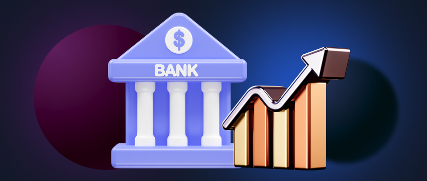 A purple bank displaying a chart with an upward-pointing positive arrow.