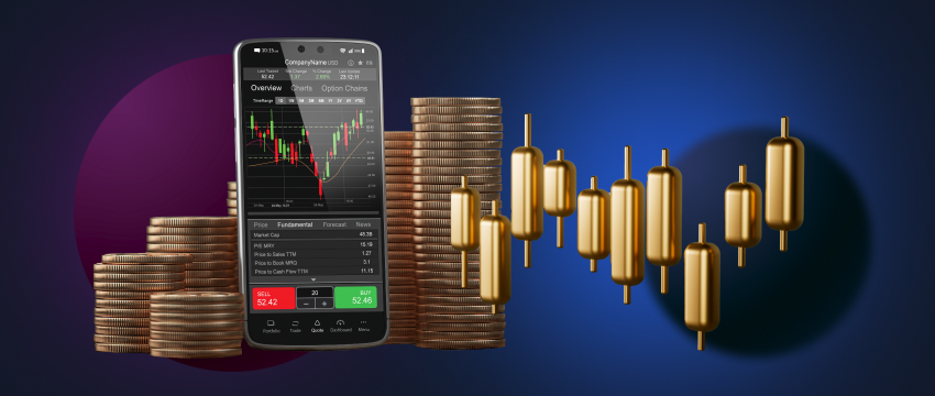 A mobile device displaying stocks, accompanied by coins and a candlestick chart, illustrating stock trading in action.