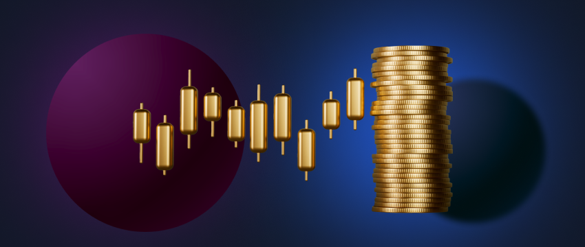 A pile of coins surrounded by candlestick charts, representing the essence of technical analysis.